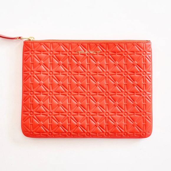 NWT NIB Comme des Garçons Embossed Leather Zip Pouch - Orange - 9” x 6.5”
